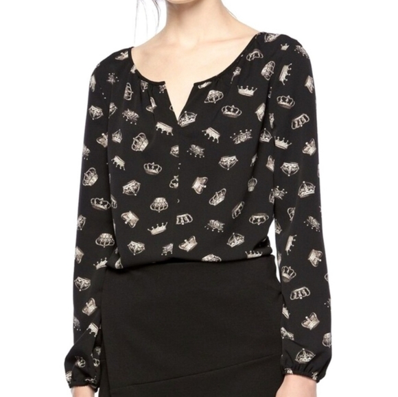 Thakoon for Design Nation Black Crown Print Long Sleeve Peasant Blouse - Picture 1 of 8